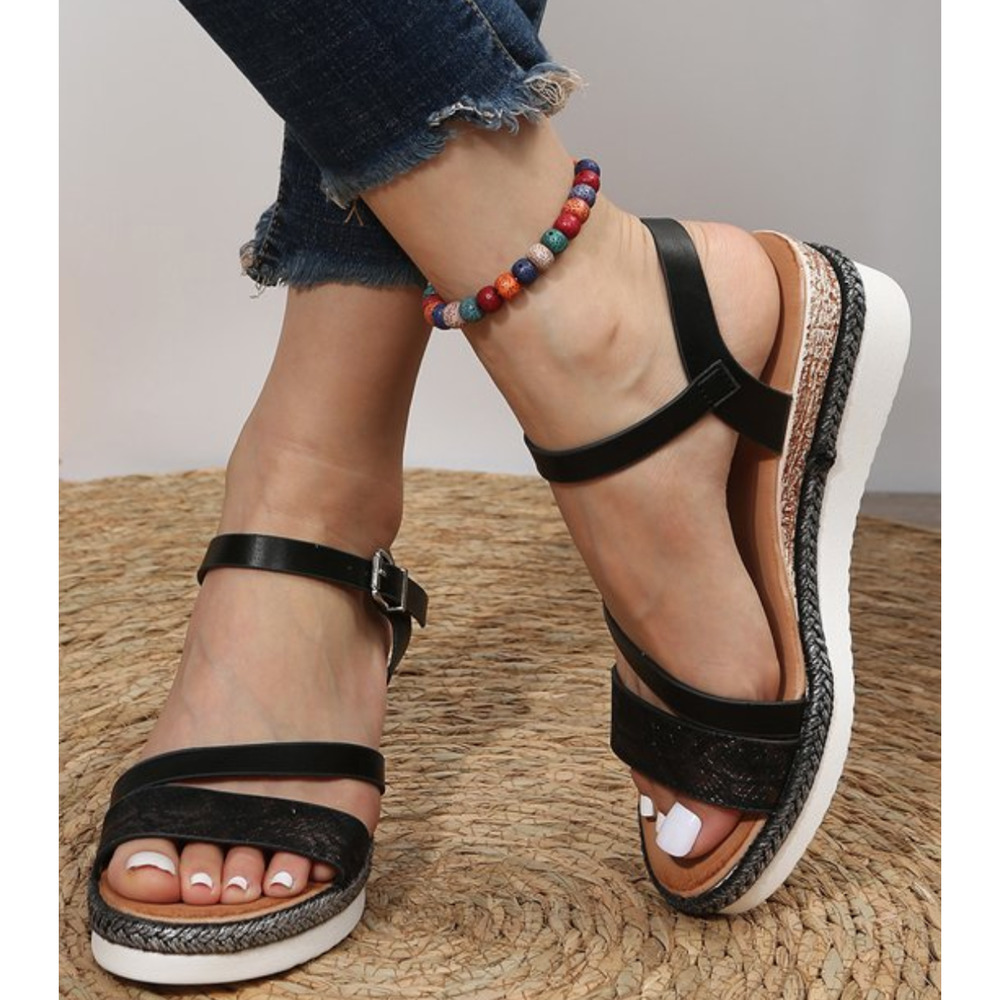 PAOTMBU Black Snake‎ Print Stacked Strappy Wedge Sandal Size 8 New